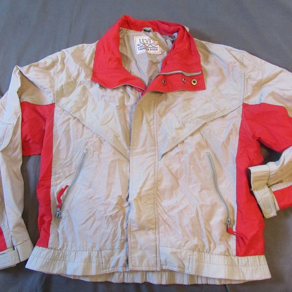 Vtg Levis Mens Retro Colorblock Windbreaker Full Zip Jacket Bomber Red Gray